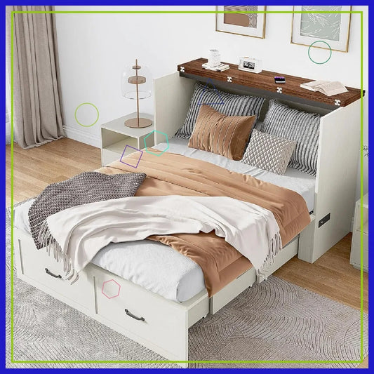 Full Size Murphy Bed with Drawer & Charging Station, Space-Saving Hidden Folding Cabinet Bed for Bedroom, Office, Rustic White
