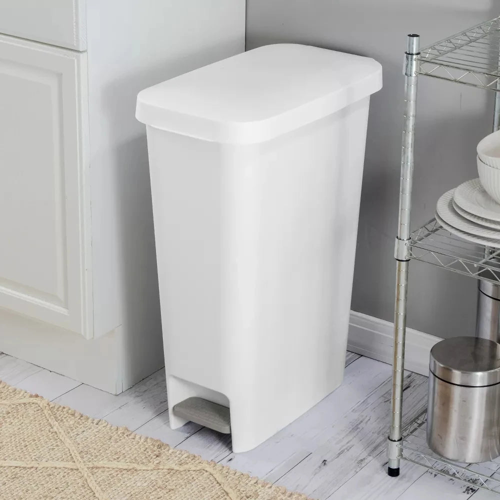 11gallon Step Slim Trash Can With lid,Plastic Tall Narrow Garbage Can for Kitchen,Large Foot Pedal Trashcan for Bathroom,White