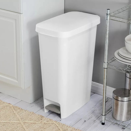 11gallon Step Slim Trash Can With lid,Plastic Tall Narrow Garbage Can for Kitchen,Large Foot Pedal Trashcan for Bathroom,White