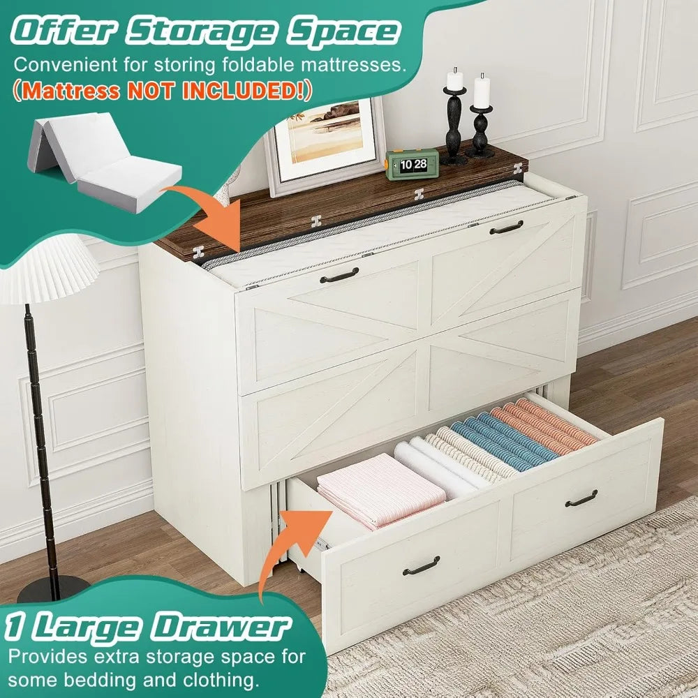 Full Size Murphy Bed with Drawer & Charging Station, Space-Saving Hidden Folding Cabinet Bed for Bedroom, Office, Rustic White