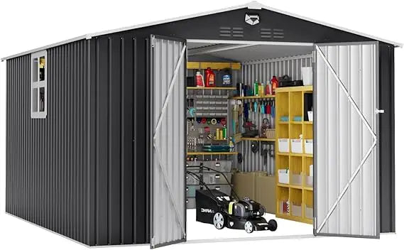 Outdoor Metal Storage Shed With Lockable Doors And Clear Window