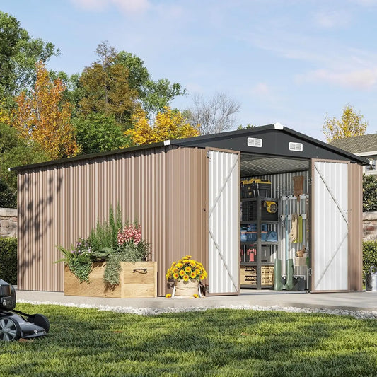 Outdoor Metal Storage Shed With Sloped Roof And Lockable Doors