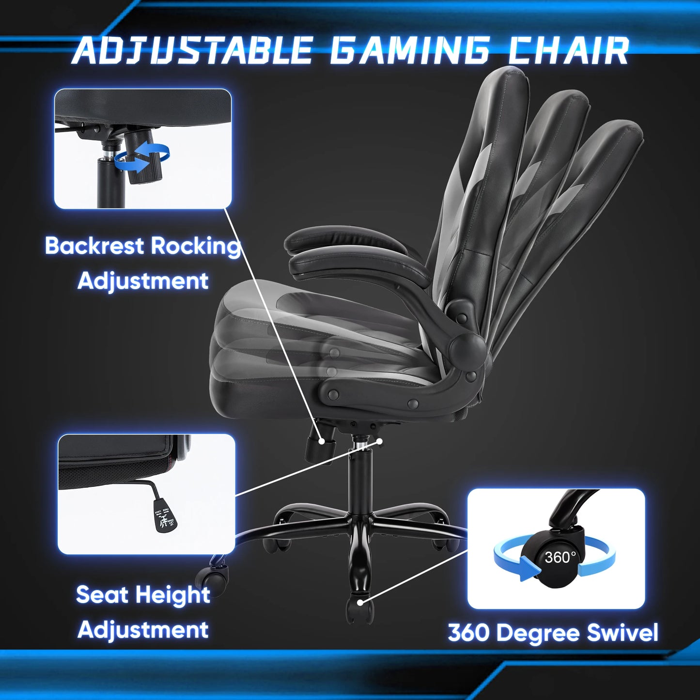 JHK Ergonomic Office Gaming Chair With Adjustable PU Leather Armrests