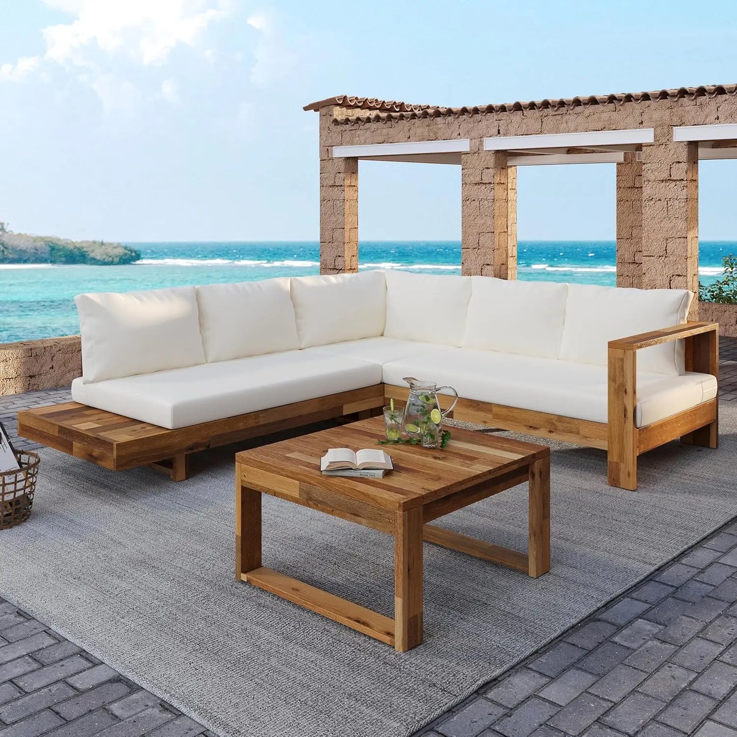 Acacia Wood 4pc Outdoor Sectional Sofa Set With Cushions