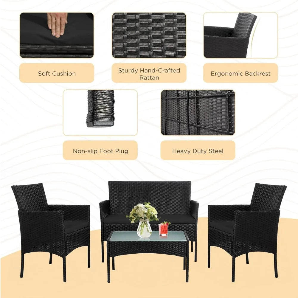 Outdoor Wicker Patio Conversation Set With Cushions And Glass Table