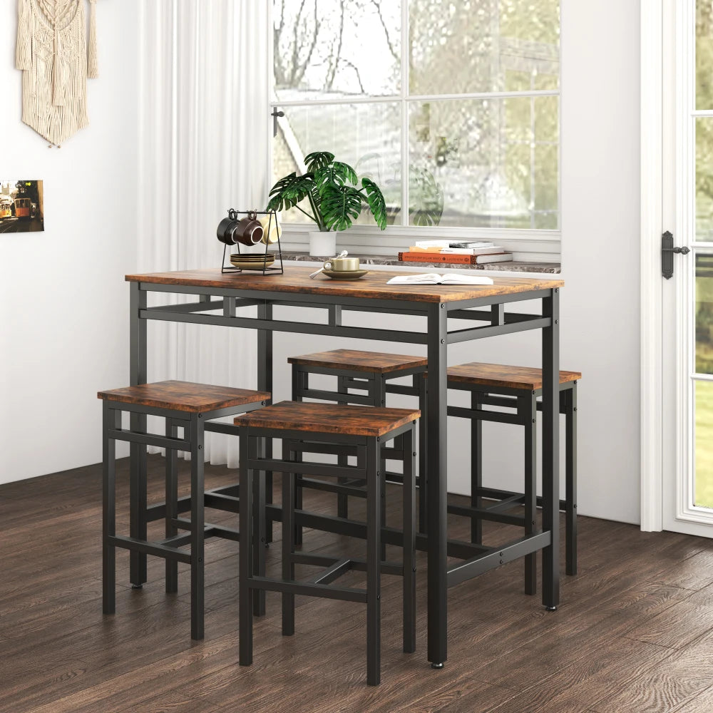 Bar Table Set 5PC Dinging Table Set High Stools Structural Strengthening Industrial Style Rustic Brown 43'' L X 23'' W X 35'' H.