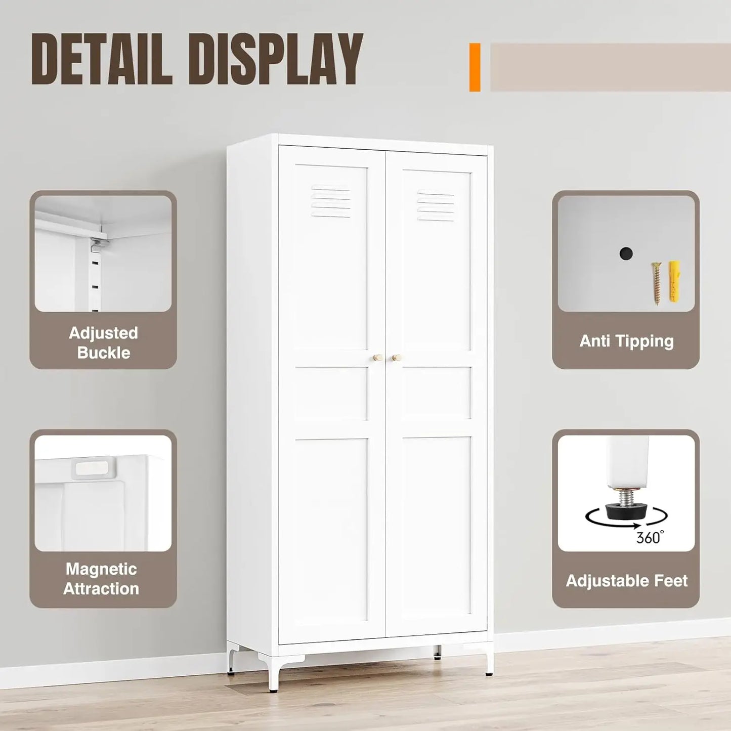 2 Doors and 4 Adjustable Shelves - 61" White Kitchen Pantry Storage 5-Tier Tall Steel Cabinets Locker for Kitchen,