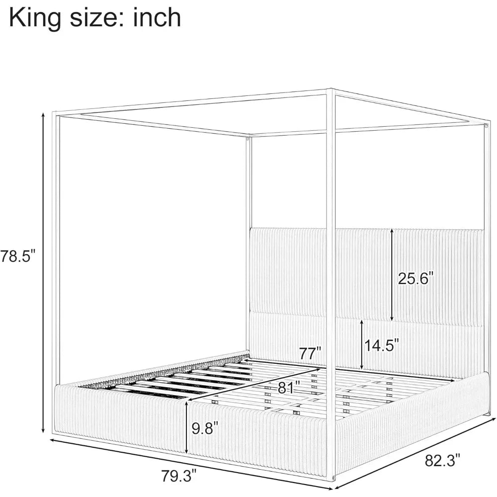 Contemporary King-Size Upholstered Canopy Bed Frame with Metal Posts, No Box Spring Required