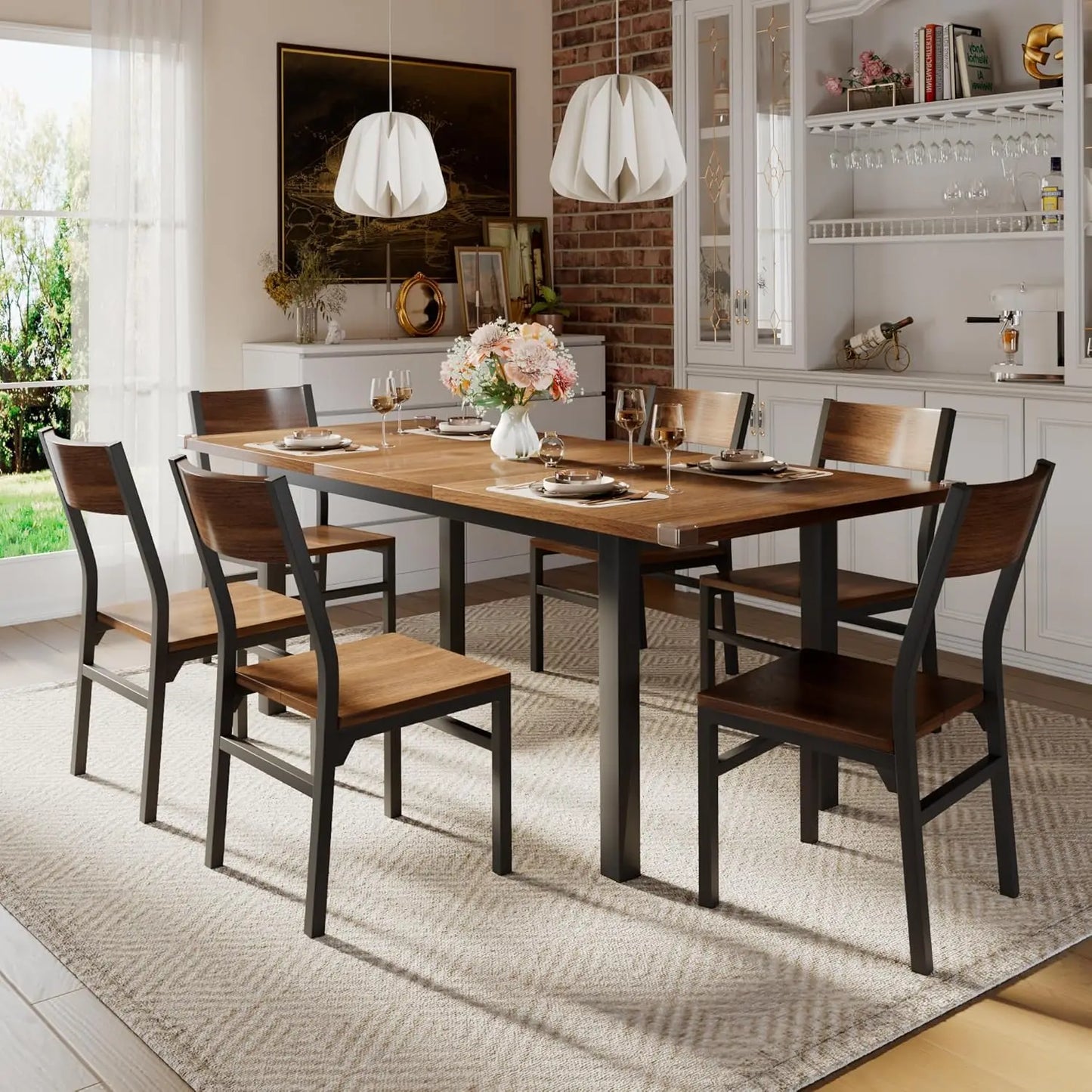 iPormis 7-Piece Dining Table Set with 6 Chairs, 63" Extendable Kitchen Table & Chairs Set for 4-6, Dining RoomTable with Solid