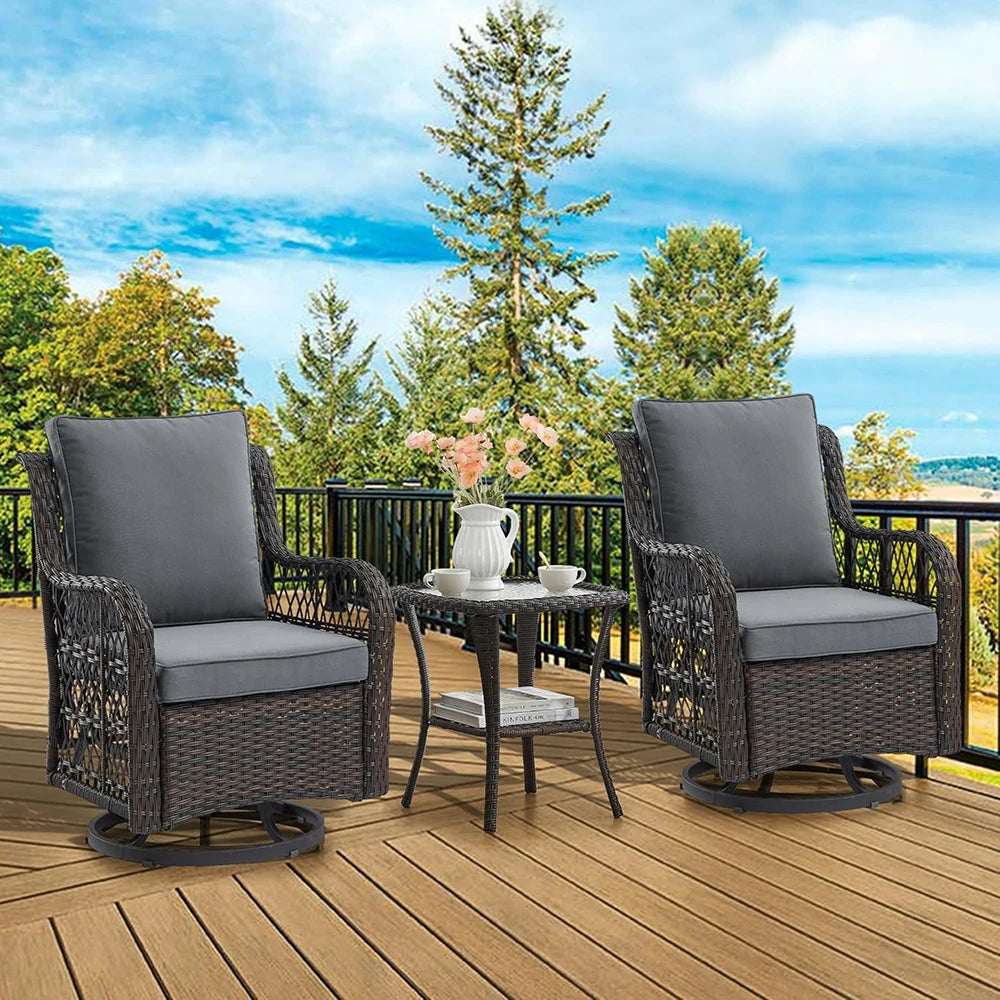 3-Piece Wicker Swivel Rocking Patio Set, 2 Chairs & Glass Table, Rattan Outdoor Furniture With Cushions For Patio Porch Backyard
