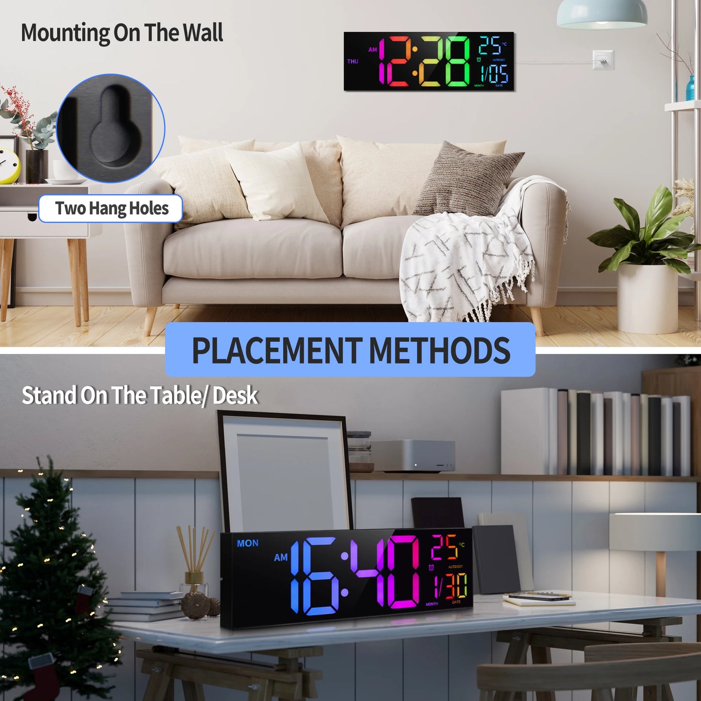 Hign-concerned Digital Wall Clock With LED Display Remote RGB Temperature