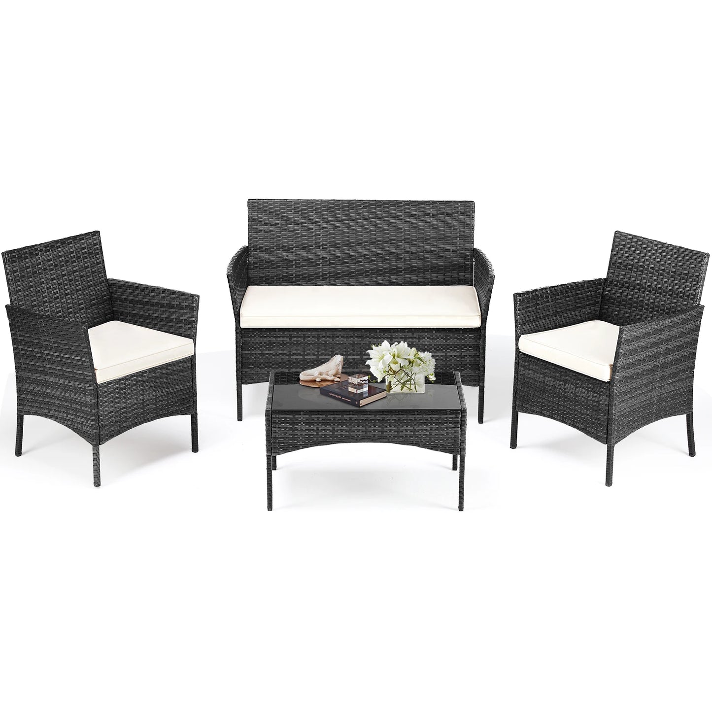 Outdoor Patio Furniture Set 4 Pieces With Glass Table Chairs