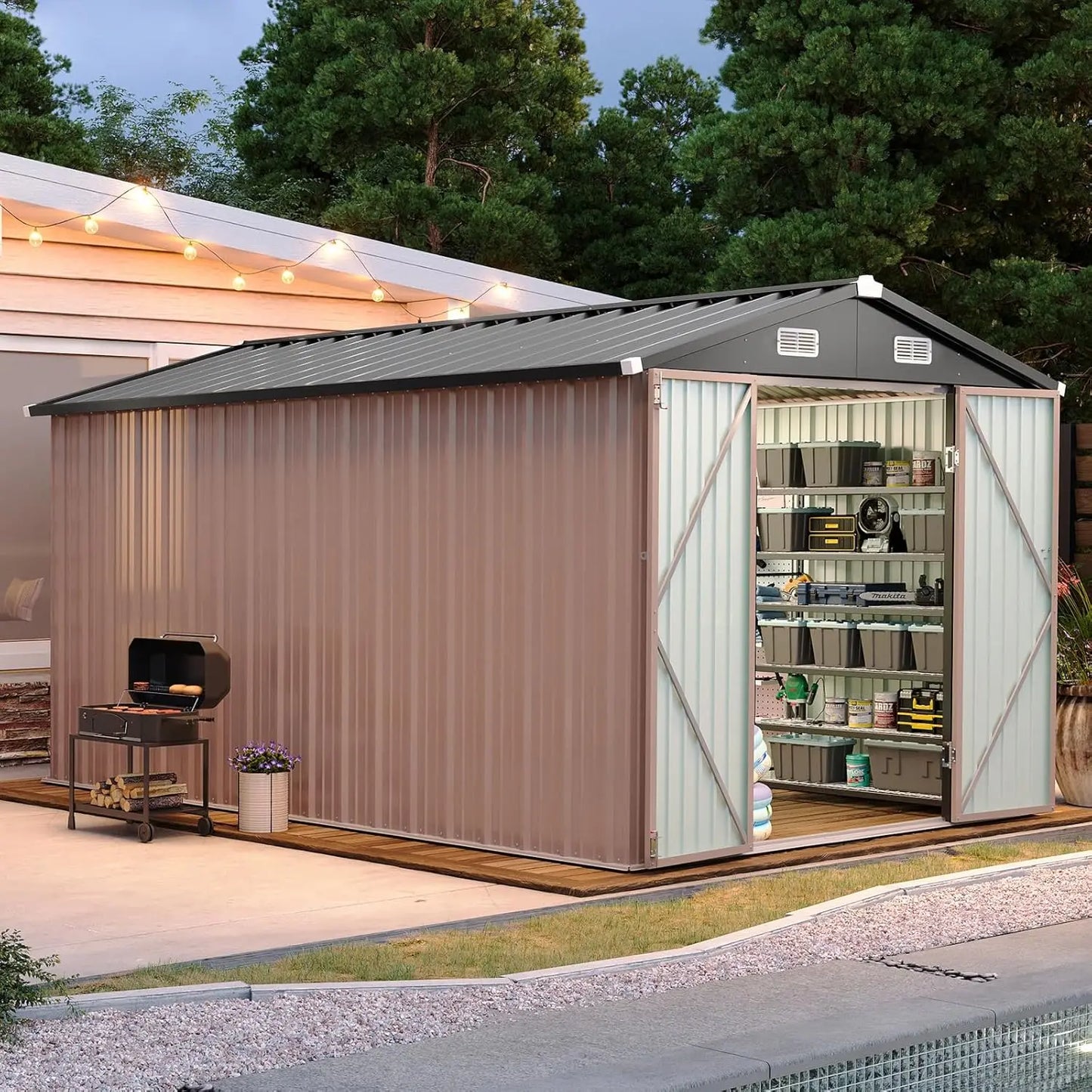 Metal Garden Outdoor Shed With Lockable Doors And Sloping Roof