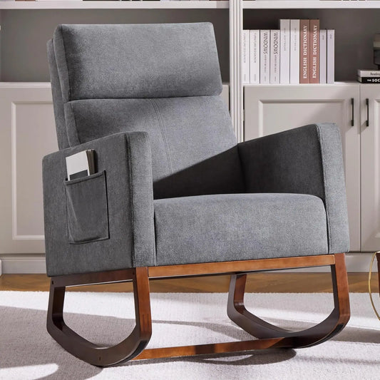 Upholstered Glider Rocking Chair For Nursery With Side Pocket Rubber Wood Legs