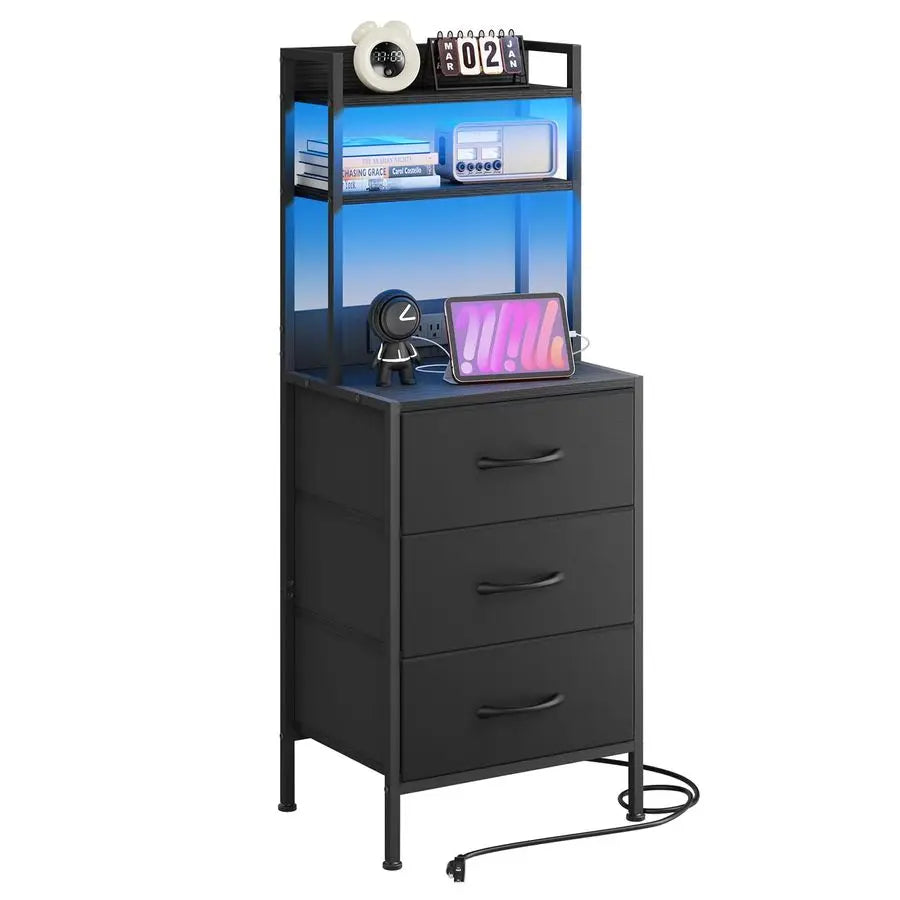 41 Inch Tall Nightstand with Charging Station, Led Night Stand with USB Port amp Socket, 3 PU Finished Fabric Storage Drawers,