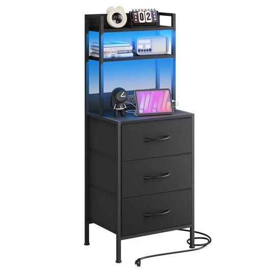 41 Inch Tall Nightstand with Charging Station, Led Night Stand with USB Port amp Socket, 3 PU Finished Fabric Storage Drawers,