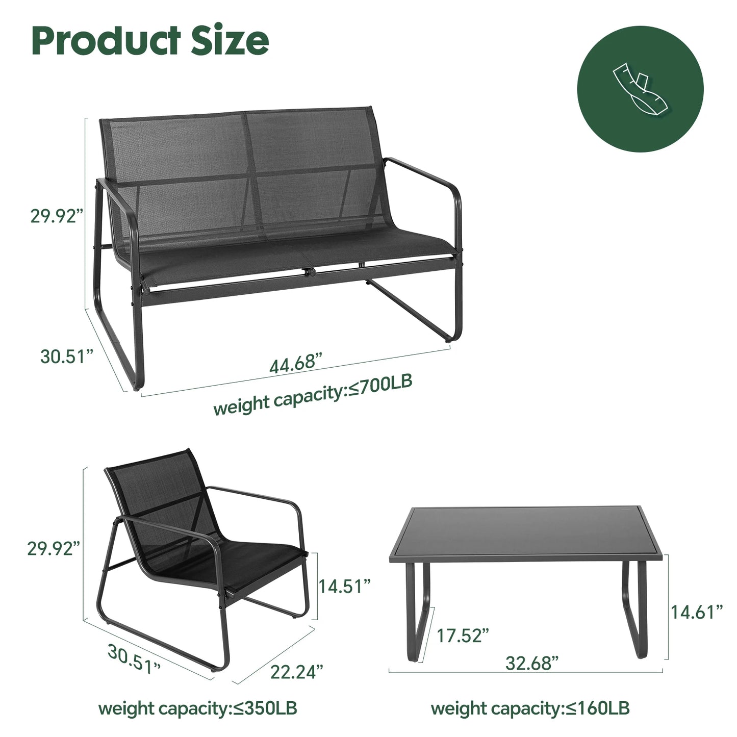 Patio Furniture Set With Metal Frame And Mesh Back
