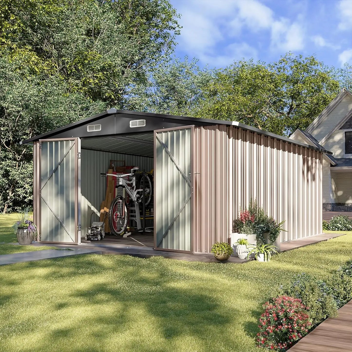 Outdoor Metal Storage Shed With Sloped Roof And Lockable Doors