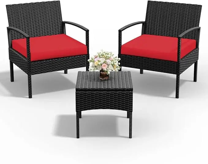 Outdoor Wicker Patio Conversation Set With Cushions And Glass Table