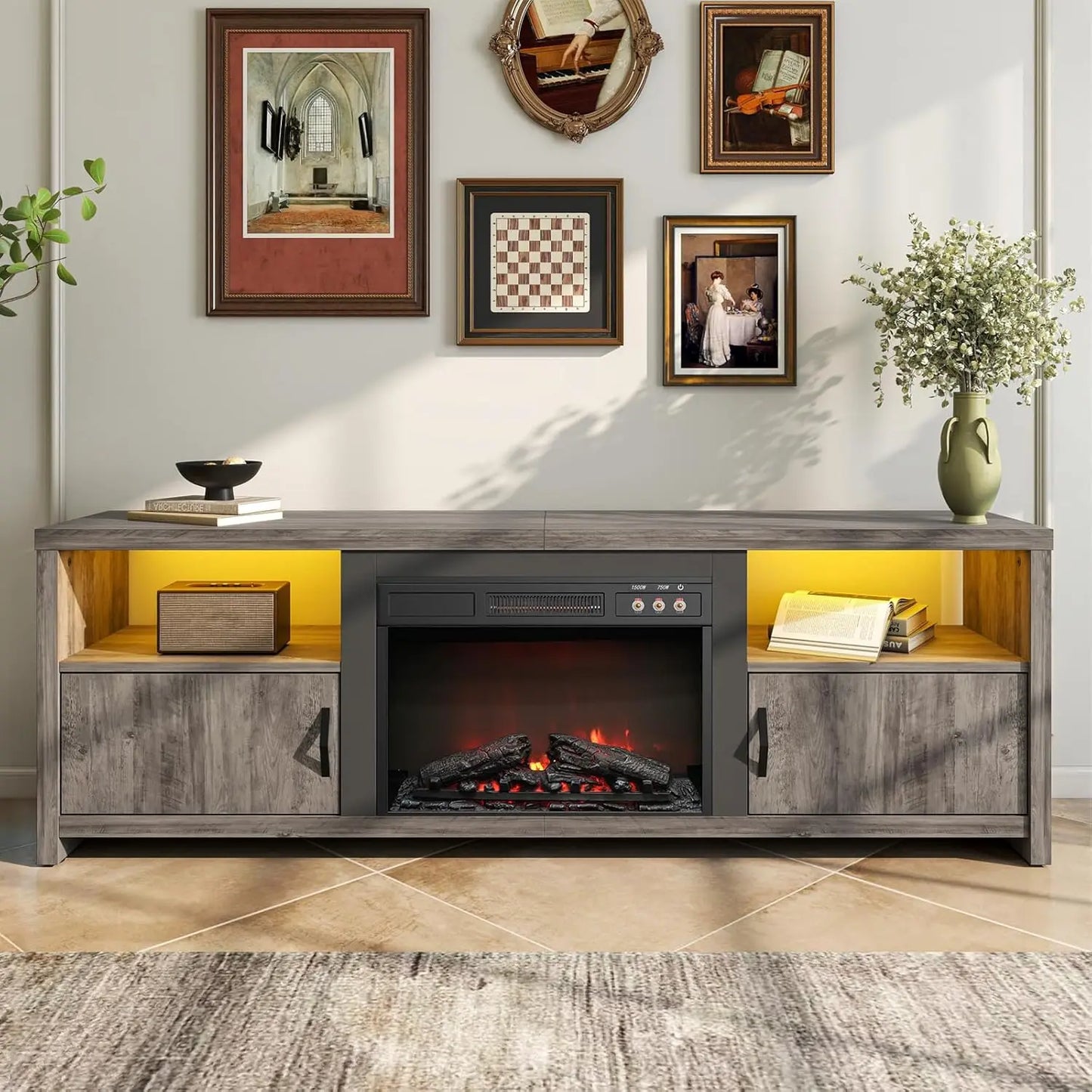 70" Electric Fireplace TV Stand for TVs Up to 75", Modern Fireplace Entertainment Center with Storage Cabinets, LED, Customized