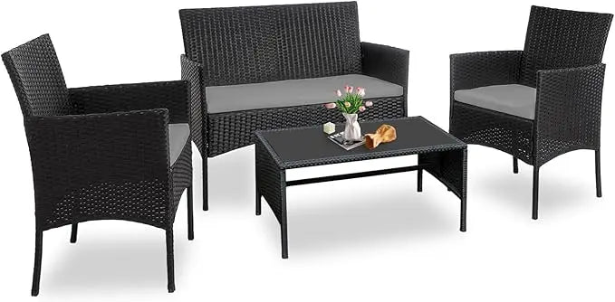 Outdoor Wicker Patio Conversation Set With Cushions And Glass Table