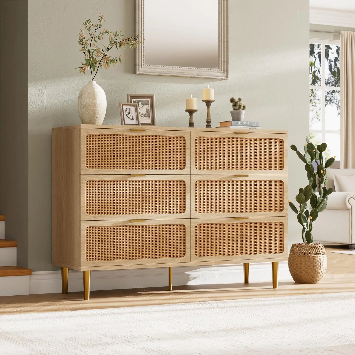 HiMISS 6-Drawer Rattan Dresser Hand Woven Wood Storage