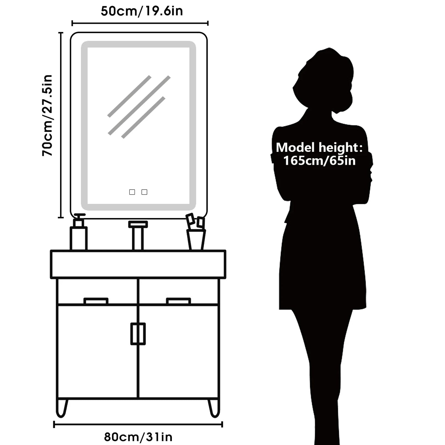 50x70cm LED Bathroom Mirror Vanity Mirrors with Backlit Lights Fogless Makeup Mirror Wall Mounted with Demister