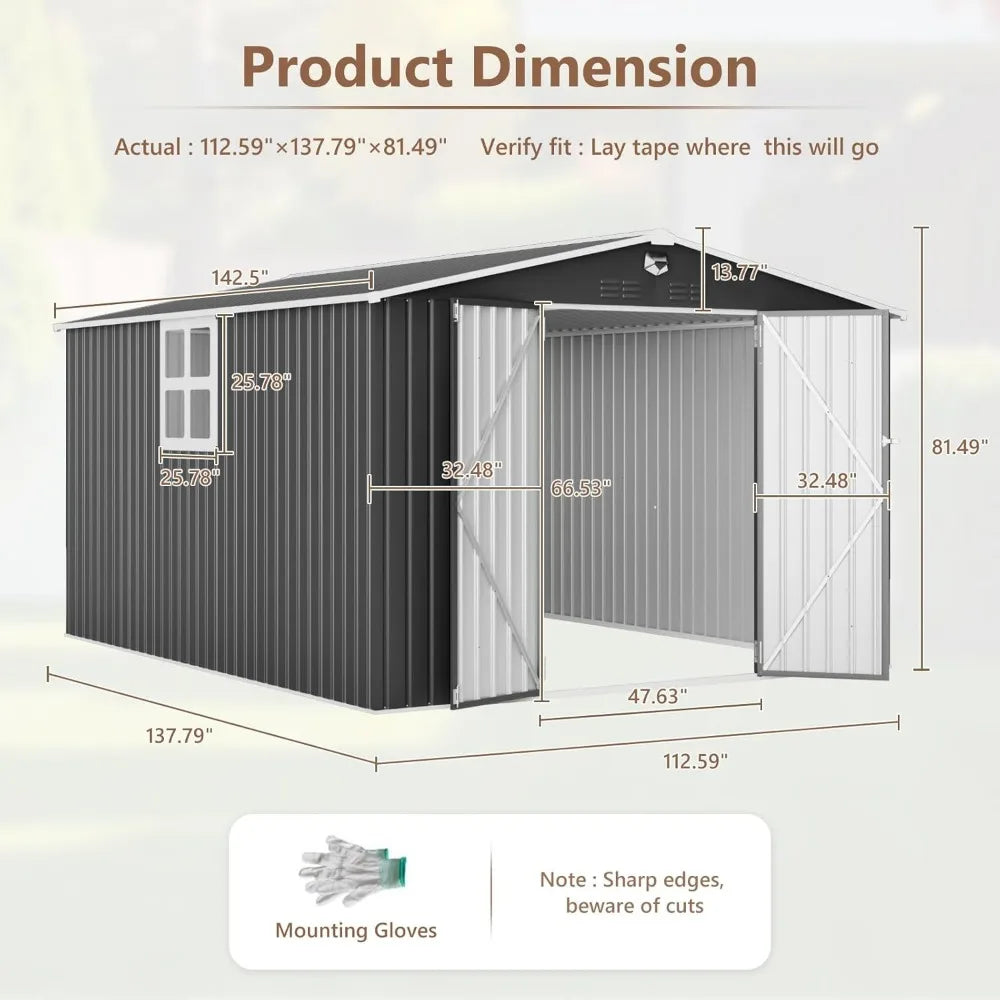 Outdoor Metal Storage Shed With Lockable Doors And Clear Window