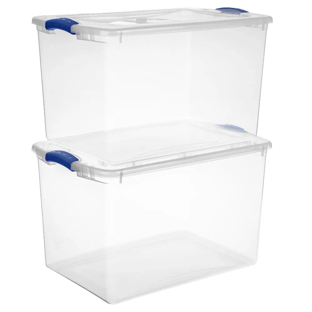 (4 pack) Sterilite Large Storage Bin, 66 Quart Clear Plastic Storage Container with Latch Lid, Blue