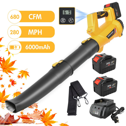 21V Cordless Leaf Blowe Electric Air Blower Fast Charger 2x6.0Ah Batteries 6-Speed LCD Display Handheld for Lawn Patio Yard